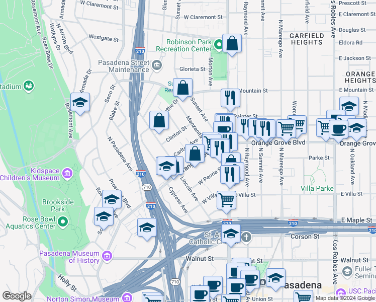 map of restaurants, bars, coffee shops, grocery stores, and more near 186 Carlton Avenue in Pasadena