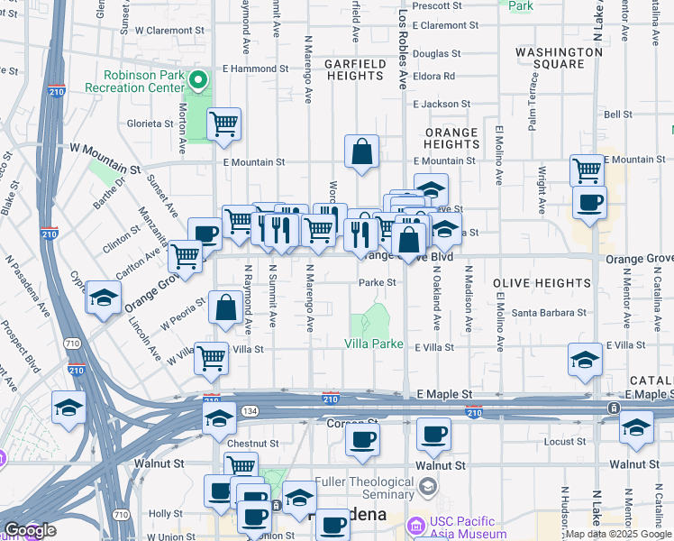 map of restaurants, bars, coffee shops, grocery stores, and more near 282 Parke Street in Pasadena