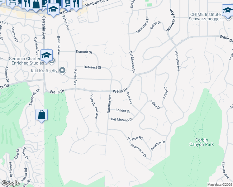 map of restaurants, bars, coffee shops, grocery stores, and more near 20436 Wells Drive in Los Angeles