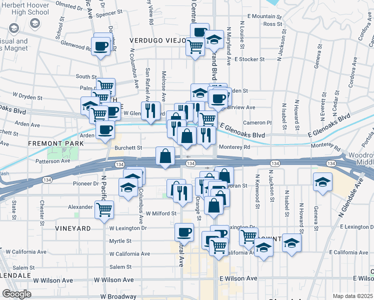 map of restaurants, bars, coffee shops, grocery stores, and more near 700 North Central Avenue in Glendale