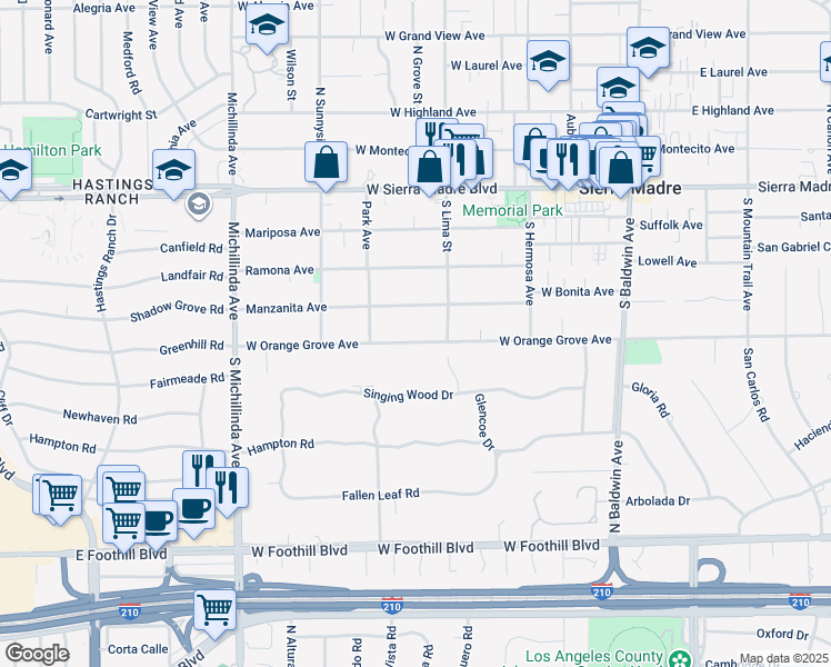 map of restaurants, bars, coffee shops, grocery stores, and more near 407 West Orange Grove Avenue in Sierra Madre