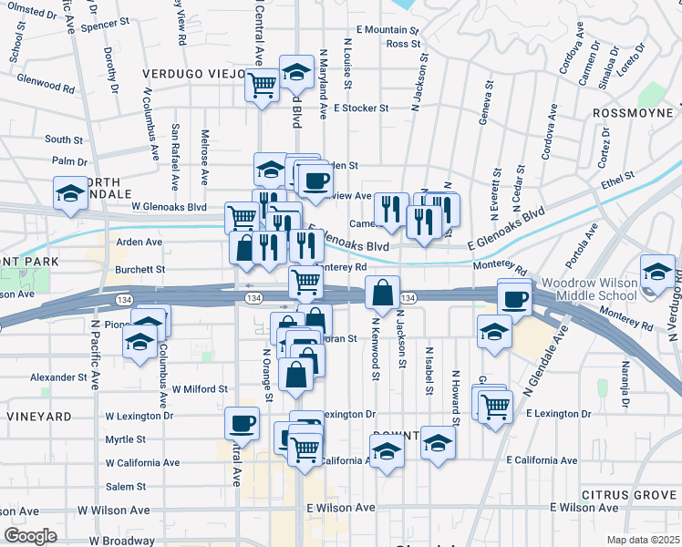 map of restaurants, bars, coffee shops, grocery stores, and more near 222 Monterey Road in Glendale