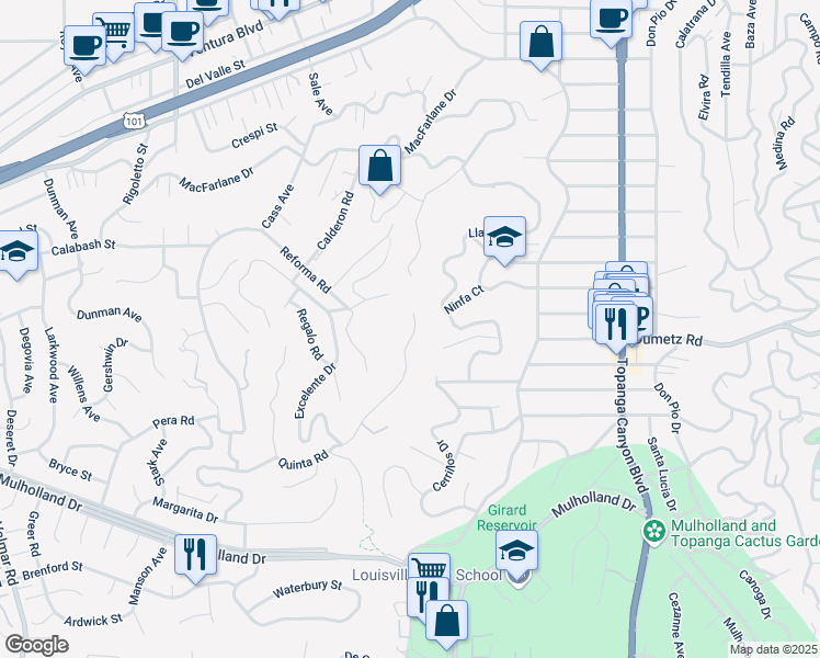 map of restaurants, bars, coffee shops, grocery stores, and more near 4921 Azucena Road in Los Angeles