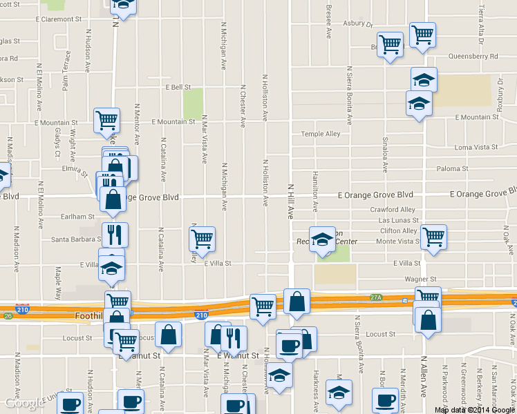 map of restaurants, bars, coffee shops, grocery stores, and more near 1310 East Orange Grove Boulevard in Pasadena