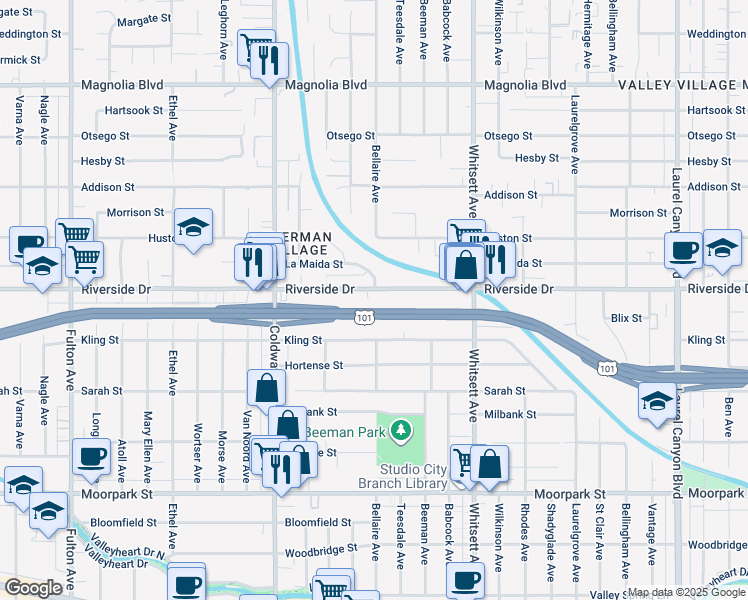 map of restaurants, bars, coffee shops, grocery stores, and more near 12715 Kling Street in Los Angeles
