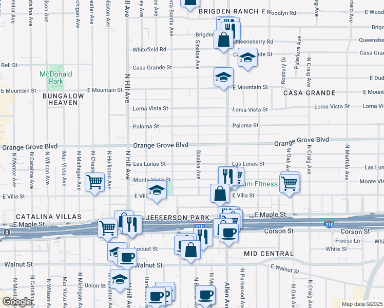 map of restaurants, bars, coffee shops, grocery stores, and more near 1661 Las Lunas Street in Pasadena