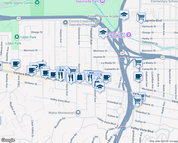 map of restaurants, bars, coffee shops, grocery stores, and more near 15709 Milbank Street in Los Angeles