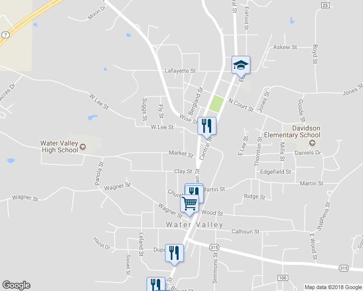 map of restaurants, bars, coffee shops, grocery stores, and more near 803 Robinson Street in Water Valley