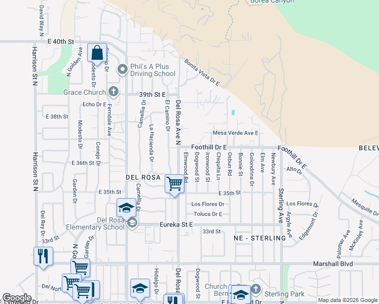map of restaurants, bars, coffee shops, grocery stores, and more near 5321 Elmwood Road in San Bernardino