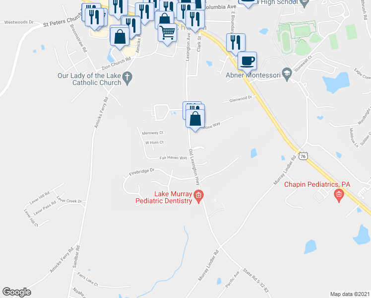 map of restaurants, bars, coffee shops, grocery stores, and more near 106 Fair Haven Way in Chapin