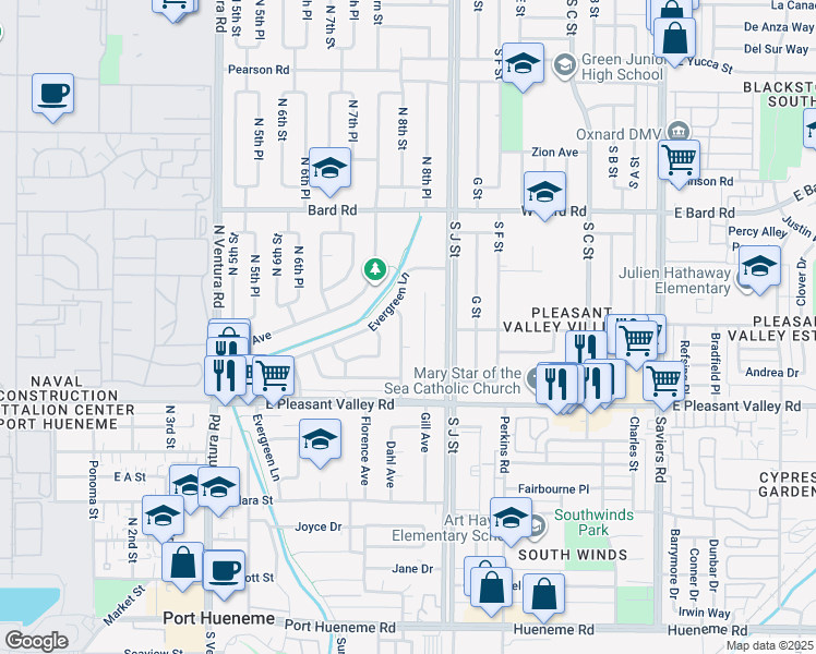 map of restaurants, bars, coffee shops, grocery stores, and more near 1032 Maplewood Way in Port Hueneme