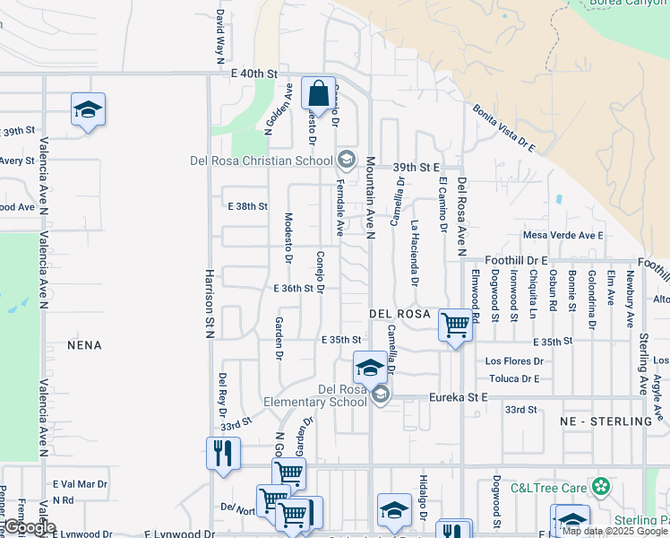 map of restaurants, bars, coffee shops, grocery stores, and more near 3650 Ferndale Avenue in San Bernardino