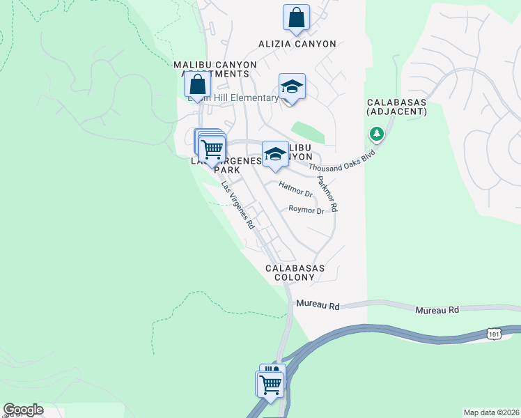 map of restaurants, bars, coffee shops, grocery stores, and more near 26303 West Bravo Lane in Calabasas