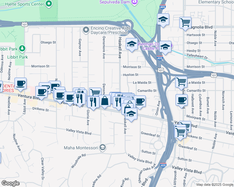 map of restaurants, bars, coffee shops, grocery stores, and more near 15709 Milbank Street in Los Angeles