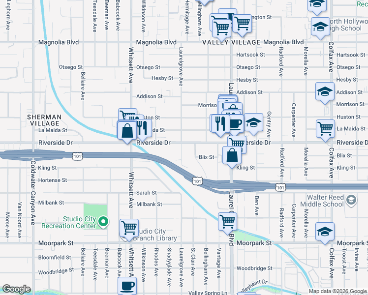 map of restaurants, bars, coffee shops, grocery stores, and more near 12256 Riverside Drive in Los Angeles