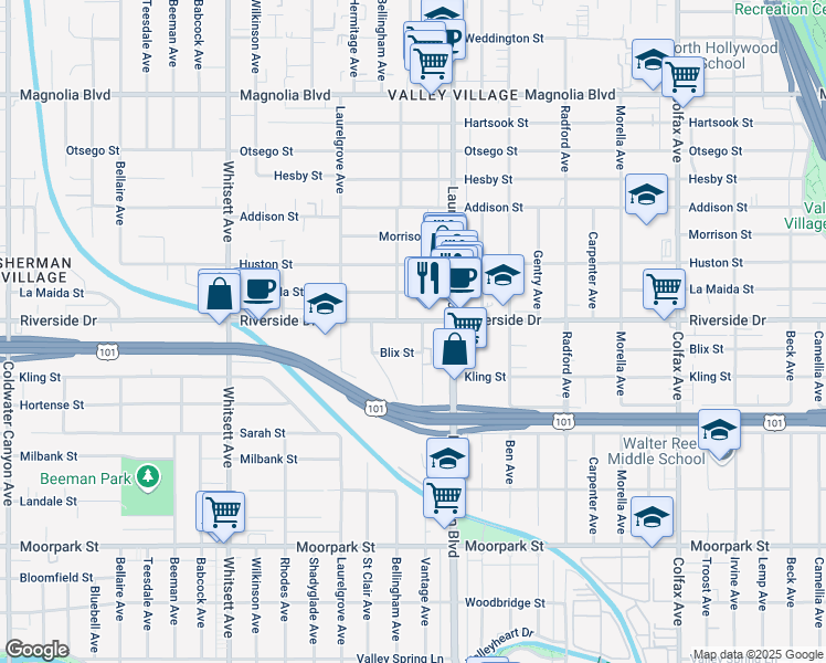 map of restaurants, bars, coffee shops, grocery stores, and more near 12135 Riverside Drive in Los Angeles