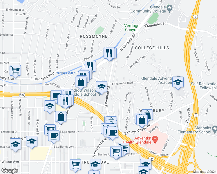 map of restaurants, bars, coffee shops, grocery stores, and more near 815 North Verdugo Road in Glendale