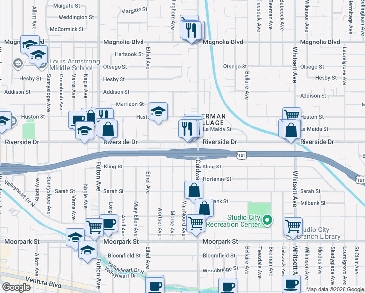 map of restaurants, bars, coffee shops, grocery stores, and more near 12925 Riverside Drive in Los Angeles