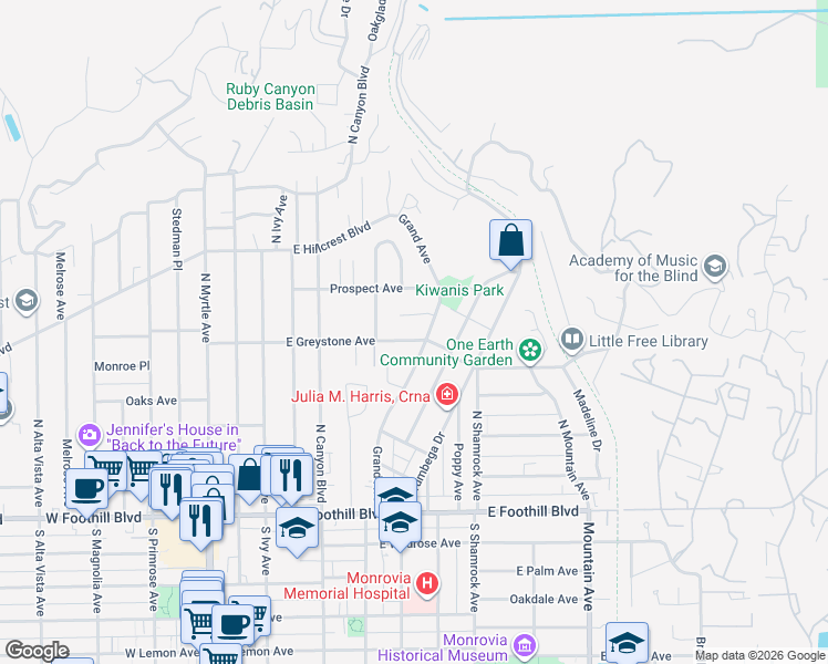 map of restaurants, bars, coffee shops, grocery stores, and more near 439 East Greystone Avenue in Monrovia
