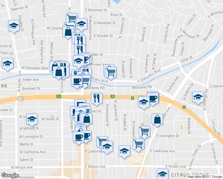 map of restaurants, bars, coffee shops, grocery stores, and more near 400 Monterey Road in Glendale