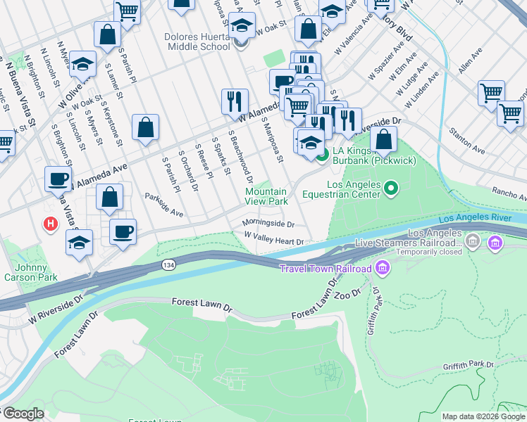 map of restaurants, bars, coffee shops, grocery stores, and more near 1422 West Riverside Drive in Burbank