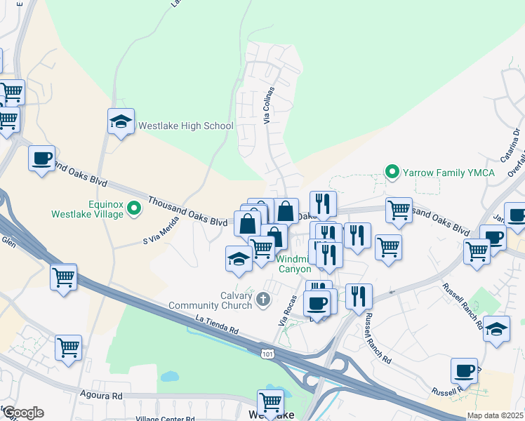 map of restaurants, bars, coffee shops, grocery stores, and more near 73 Via Colinas in Westlake Village