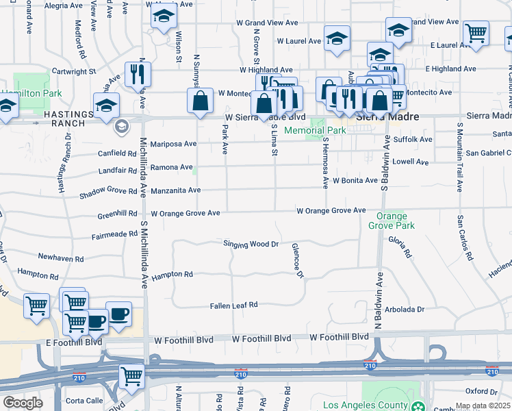 map of restaurants, bars, coffee shops, grocery stores, and more near 407 West Orange Grove Avenue in Sierra Madre