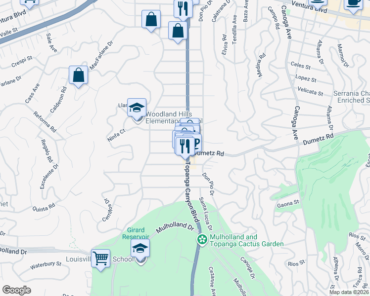 map of restaurants, bars, coffee shops, grocery stores, and more near 4913 Topanga Canyon Boulevard in Los Angeles