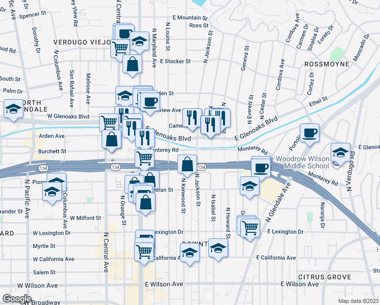 map of restaurants, bars, coffee shops, grocery stores, and more near 400 Monterey Road in Glendale