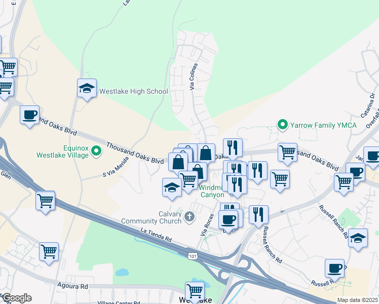 map of restaurants, bars, coffee shops, grocery stores, and more near 73 Via Colinas in Westlake Village