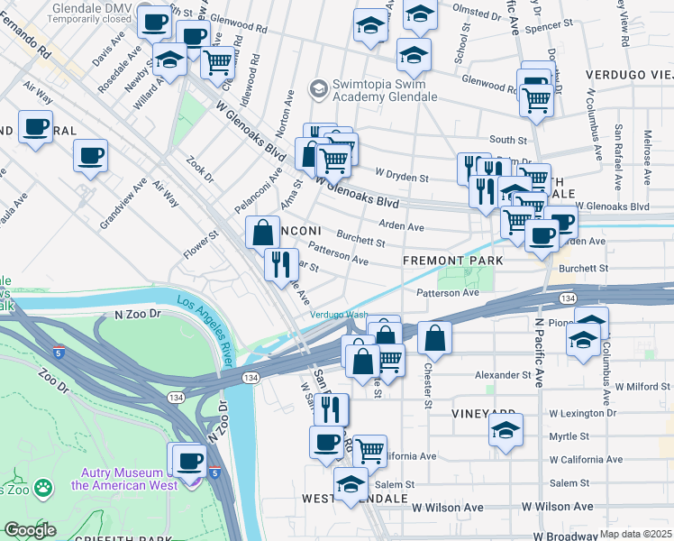 map of restaurants, bars, coffee shops, grocery stores, and more near 809 Omar Street in Glendale