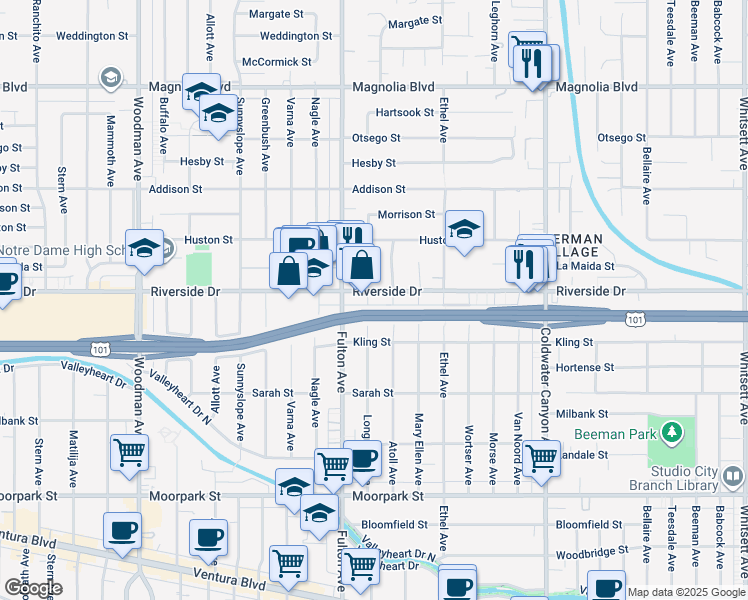 map of restaurants, bars, coffee shops, grocery stores, and more near 13220 Riverside Drive in Los Angeles