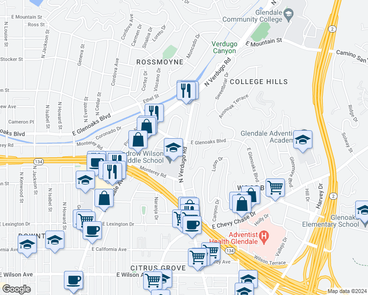 map of restaurants, bars, coffee shops, grocery stores, and more near 815 1/2 North Verdugo Road in Glendale