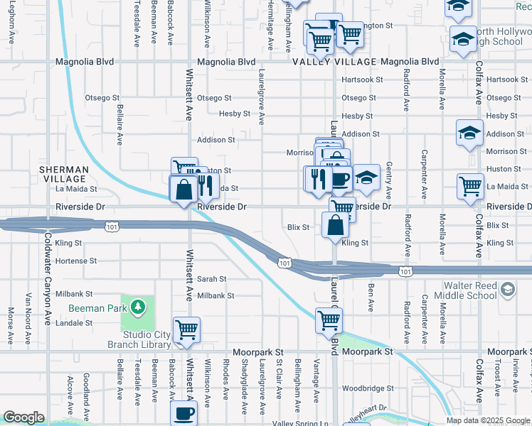 map of restaurants, bars, coffee shops, grocery stores, and more near 12256 Riverside Drive in Los Angeles