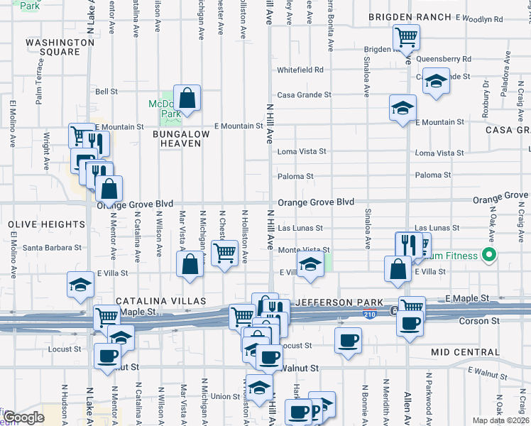 map of restaurants, bars, coffee shops, grocery stores, and more near in Pasadena