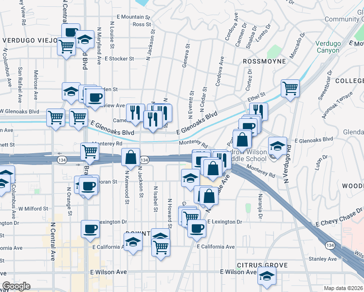 map of restaurants, bars, coffee shops, grocery stores, and more near 800 East Glenoaks Boulevard in Glendale
