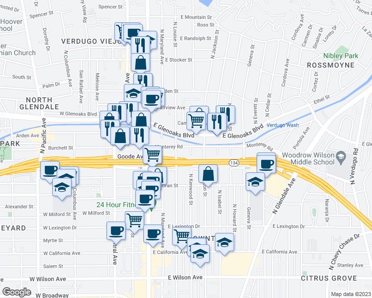 map of restaurants, bars, coffee shops, grocery stores, and more near 333 Monterey Road in Glendale