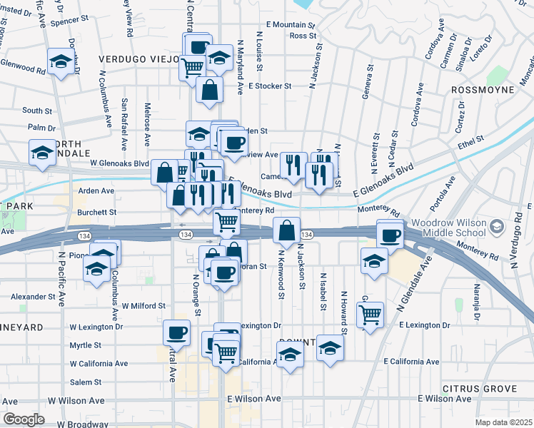 map of restaurants, bars, coffee shops, grocery stores, and more near 333 Monterey Road in Glendale