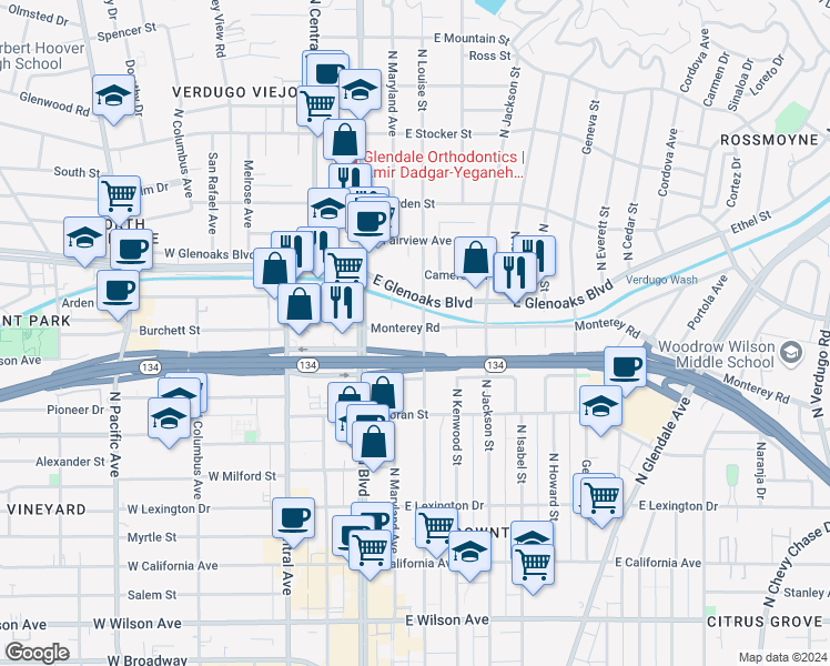 map of restaurants, bars, coffee shops, grocery stores, and more near 333 Monterey Road in Glendale