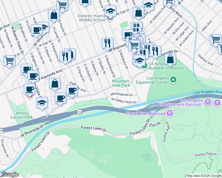 map of restaurants, bars, coffee shops, grocery stores, and more near 1515 West Riverside Drive in Burbank