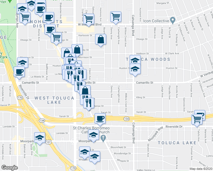 map of restaurants, bars, coffee shops, grocery stores, and more near 10741 Camarillo Street in Los Angeles