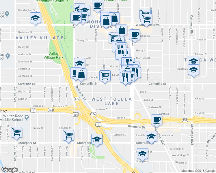 map of restaurants, bars, coffee shops, grocery stores, and more near 11151 Camarillo Street in Los Angeles