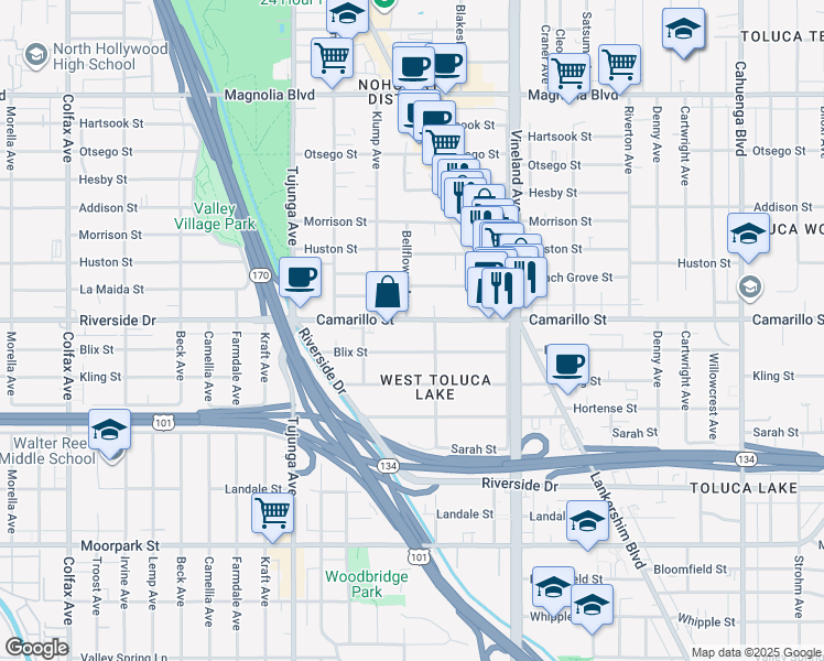 map of restaurants, bars, coffee shops, grocery stores, and more near 11151 Camarillo Street in Los Angeles
