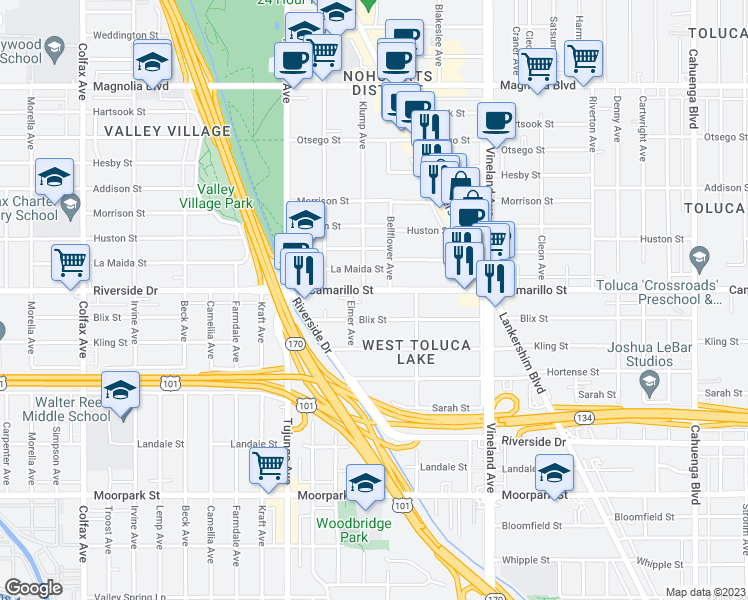 map of restaurants, bars, coffee shops, grocery stores, and more near 4810 Klump Avenue in Los Angeles