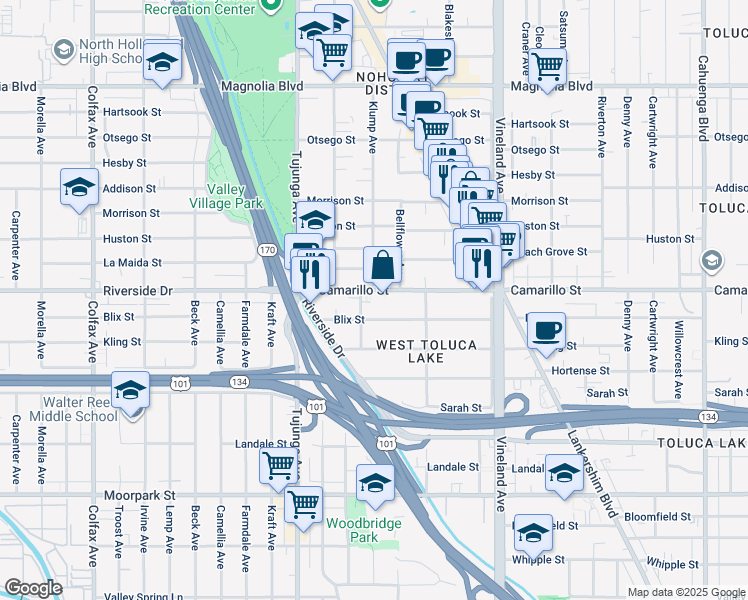 map of restaurants, bars, coffee shops, grocery stores, and more near 4810 Klump Avenue in Los Angeles