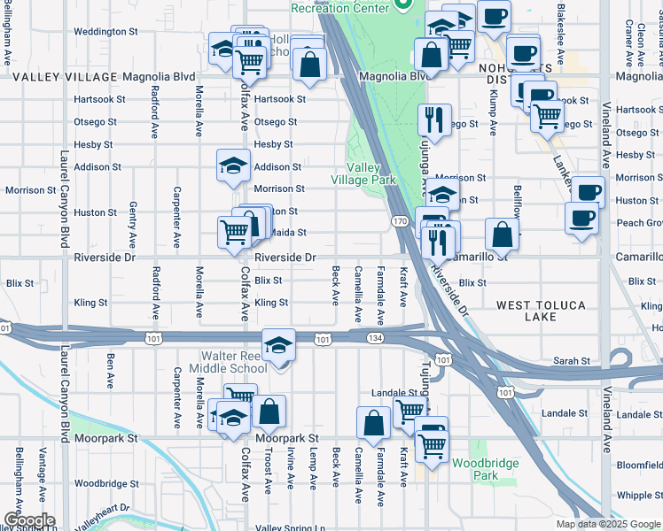 map of restaurants, bars, coffee shops, grocery stores, and more near 11531 Riverside Drive in Los Angeles