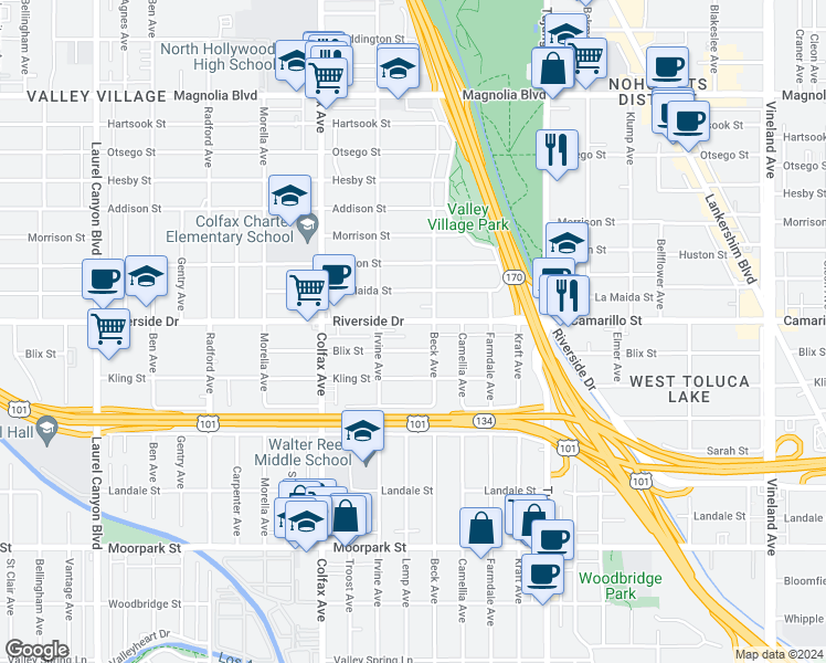 map of restaurants, bars, coffee shops, grocery stores, and more near 11569 Riverside Drive in Los Angeles