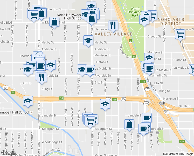 map of restaurants, bars, coffee shops, grocery stores, and more near in Los Angeles
