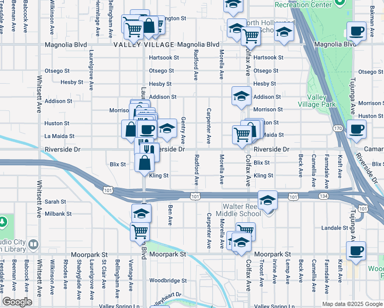 map of restaurants, bars, coffee shops, grocery stores, and more near 11857 Riverside Drive in Los Angeles