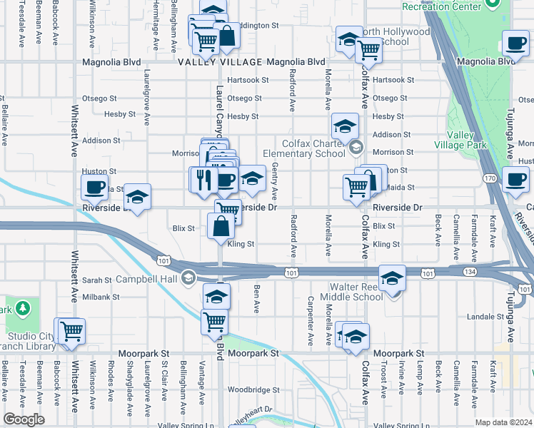map of restaurants, bars, coffee shops, grocery stores, and more near 4807 Gentry Avenue in Los Angeles
